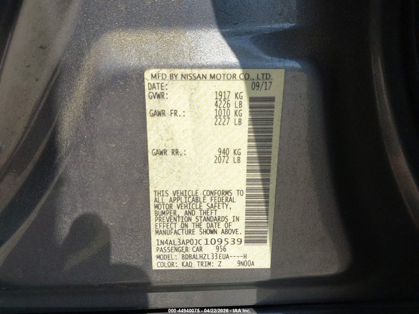 VIN 1N4AL3AP0JC109539 2018 NISSAN ALTIMA 2.5 SR