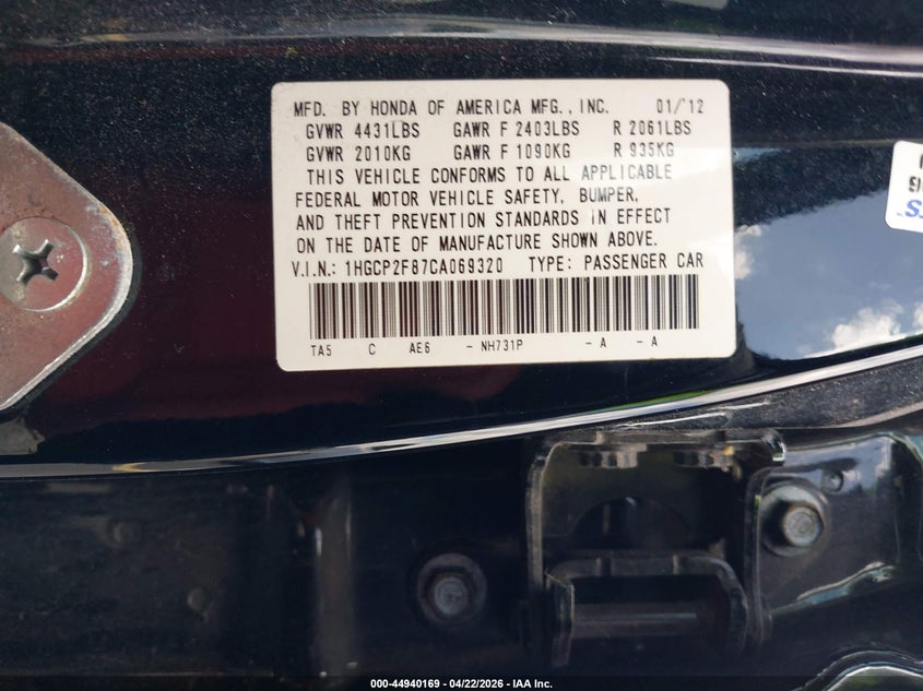 2012 Honda Accord 2.4 2.4 Ex-L black Lot 111044940169 Vin 1HGCP2F87CA069320