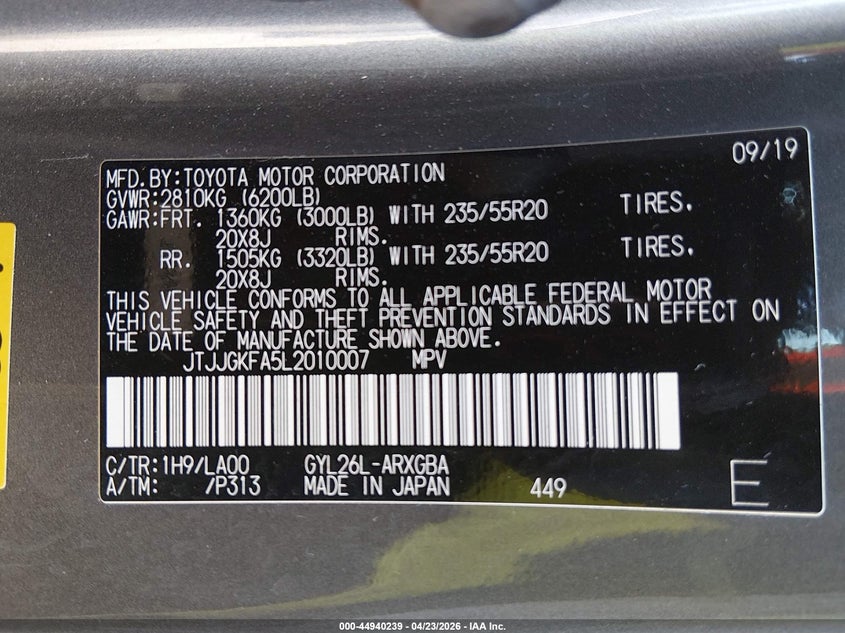 LEXUS RX 450HL 2020 VIN JTJJGKFA5L2010007