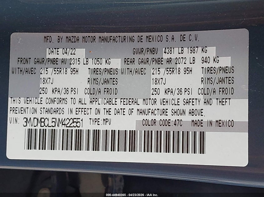 2022 Mazda Cx-30 Carbon Edition VIN: 3MVDMBCL5NM422551 Lot: 44940365