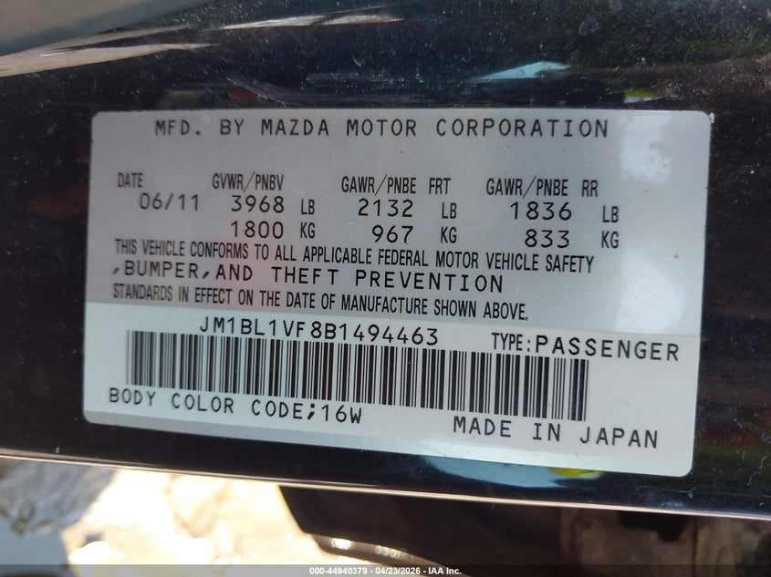 2011 Mazda Mazda3 I Touring VIN: JM1BL1VF8B1494463 Lot: 44940379