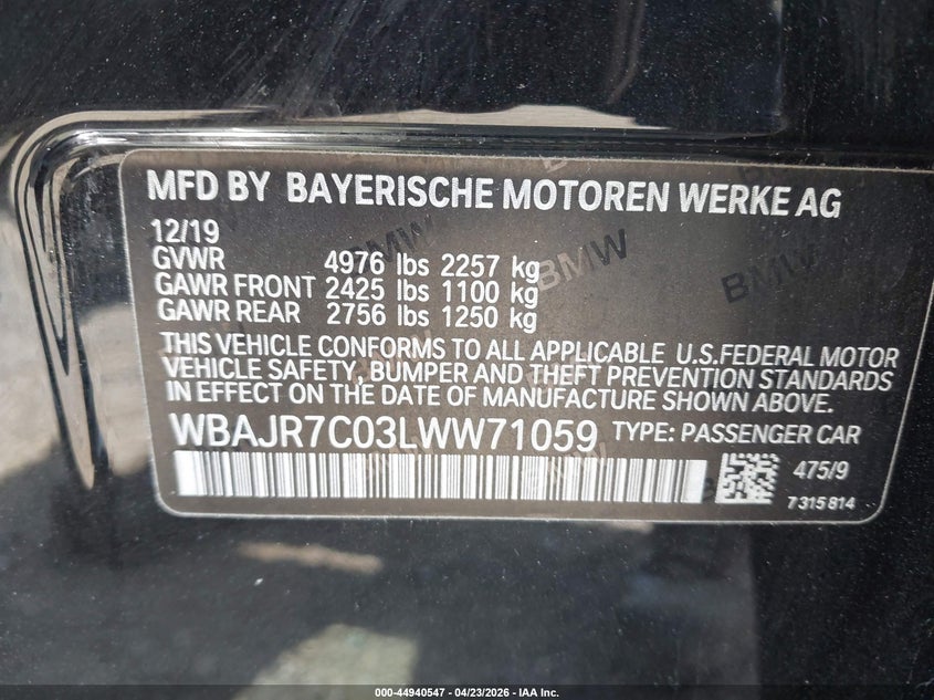 2020 BMW 530I xDrive VIN: WBAJR7C03LWW71059 Lot: 44940547