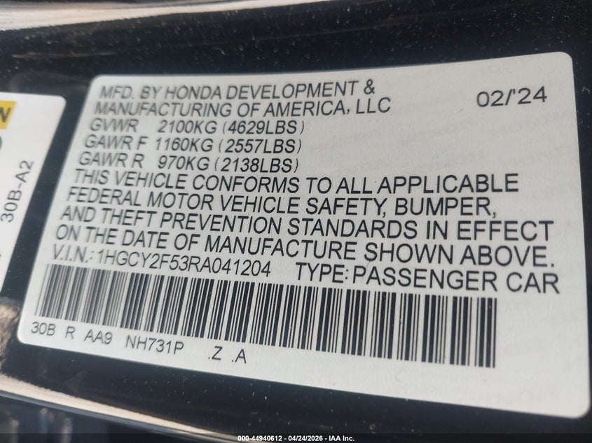 VIN 1HGCY2F53RA041204 2024 HONDA ACCORD HYBRID SPORT