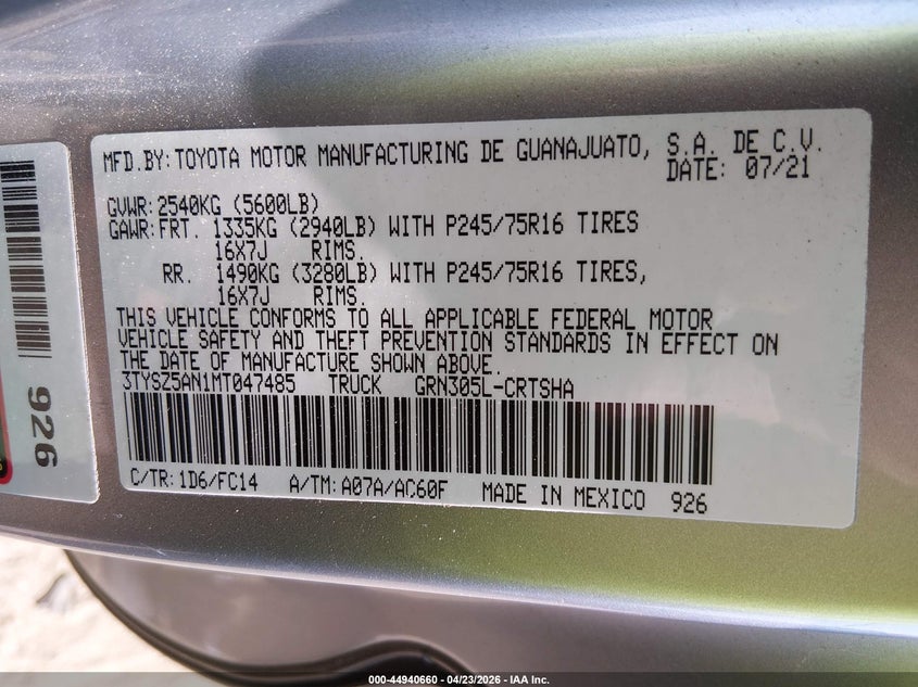 2021 Toyota Tacoma Sr5 V6 VIN: 3TYSZ5AN1MT047485 Lot: 44940660