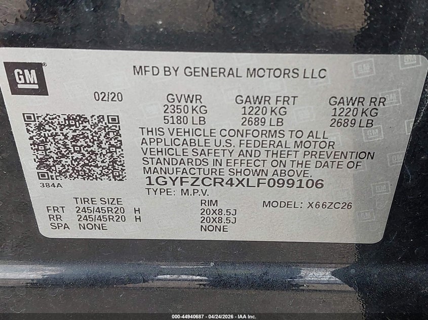 2020 Cadillac Xt4 Fwd Premium Luxury VIN: 1GYFZCR4XLF099106 Lot: 44940687