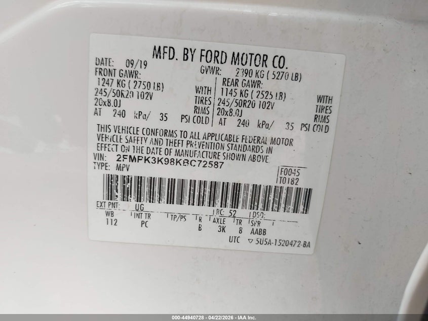 2019 FORD EDGE SPORT UTILITY VEHICLE ECOBOOST 2L I-4 DI, DOHC, VVT, TURBO, 250HP