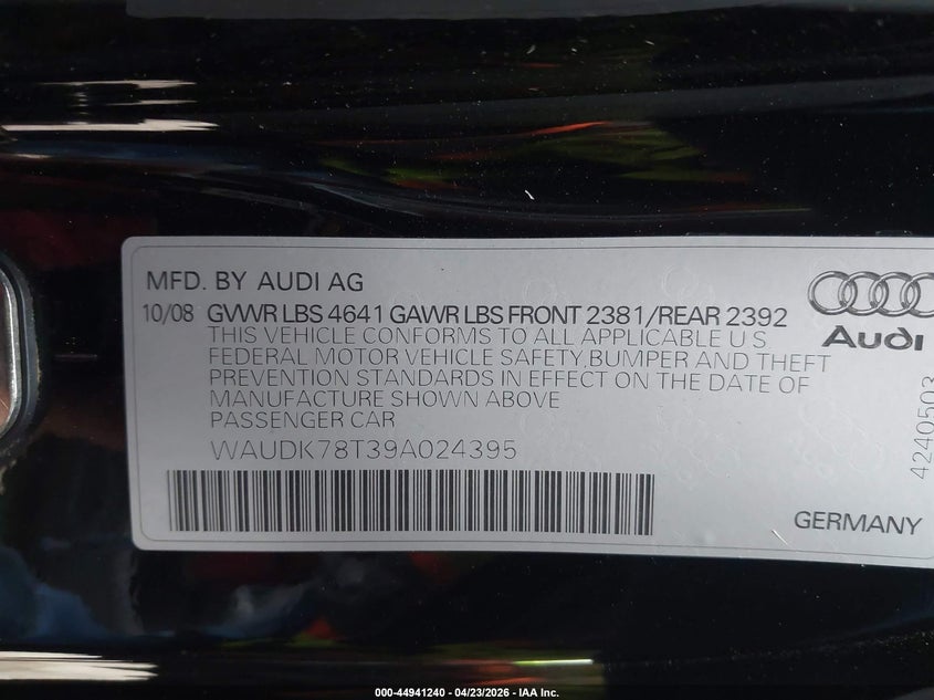 2009 Audi A5 3.2L VIN: WAUDK78T39A024395 Lot: 44941240