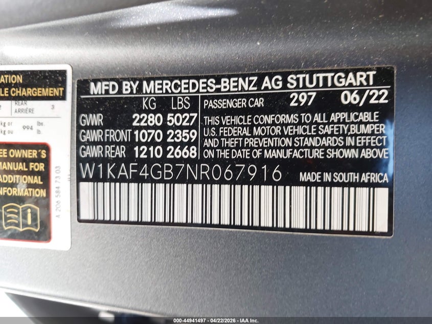 2022 Mercedes-Benz C 300 Sedan VIN: W1KAF4GB7NR067916 Lot: 44941497