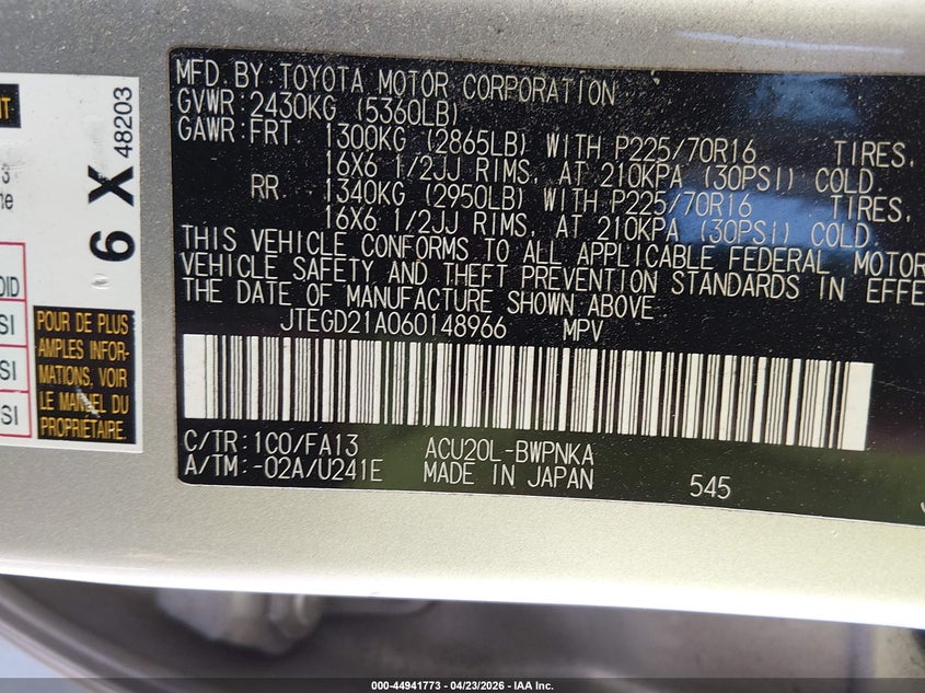 2006 Toyota Highlander VIN: JTEGD21A060148966 Lot: 44941773