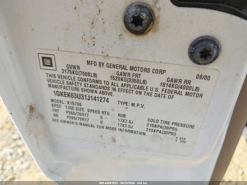 2001 GMC Yukon Denali VIN: 1GKEK63U31J141274 Lot: 44941823