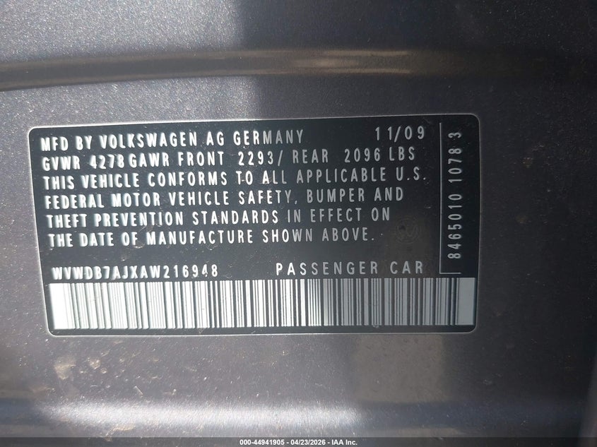 2010 Volkswagen Golf 4-Door VIN: WVWDB7AJXAW216948 Lot: 44941905