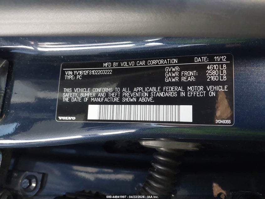 2013 Volvo S60 T5/T5 Platinum/T5 Premier/T5 Premier Plus VIN: YV1612FS1D2203222 Lot: 44941997