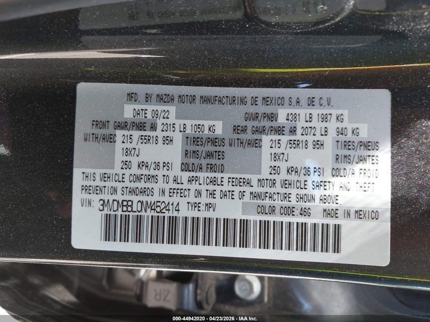 2022 Mazda Cx-30 Select VIN: 3MVDMBBL0NM452414 Lot: 44942020