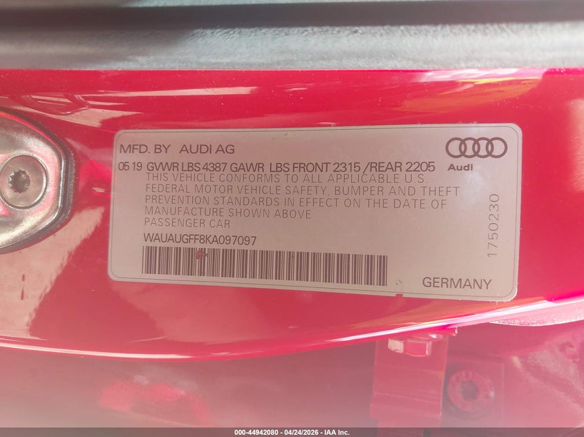 2019 Audi A3 40 Titanium Premium VIN: WAUAUGFF8KA097097 Lot: 44942080