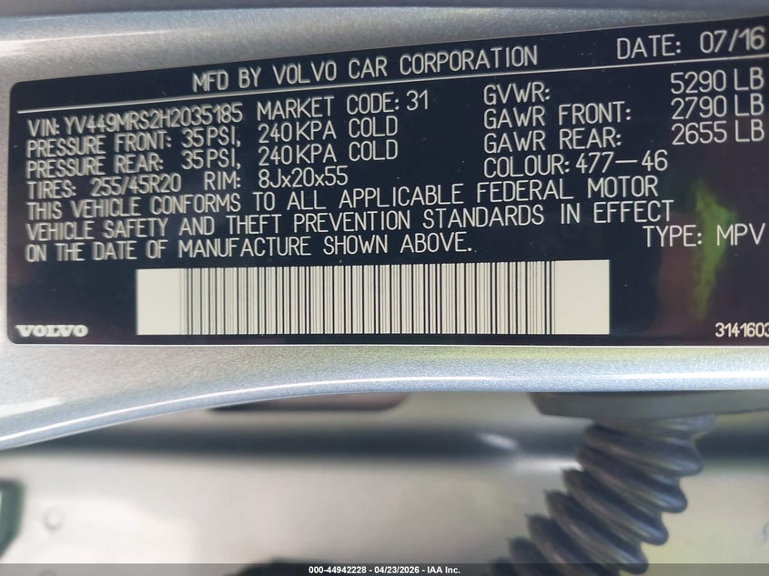 2017 Volvo Xc60 T6 R-Design VIN: YV449MRS2H2035185 Lot: 44942228