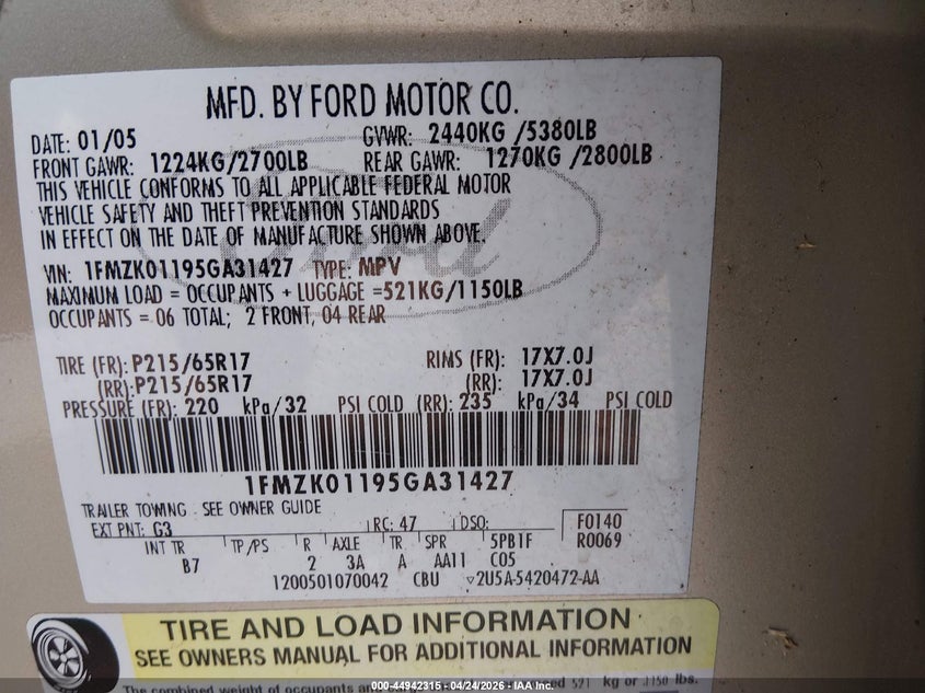 2005 Ford Freestyle Se VIN: 1FMZK01195GA31427 Lot: 44942315