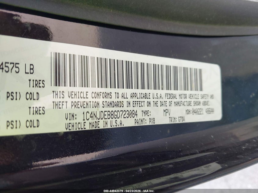 2016 Jeep Compass Latitude VIN: 1C4NJDEB8GD723084 Lot: 44942379