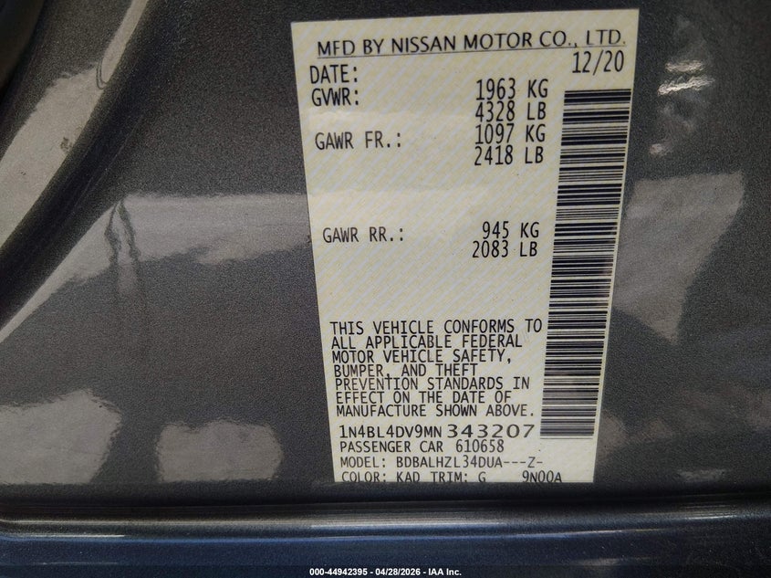 VIN 1N4BL4DV9MN343207 2021 NISSAN ALTIMA SV FWD