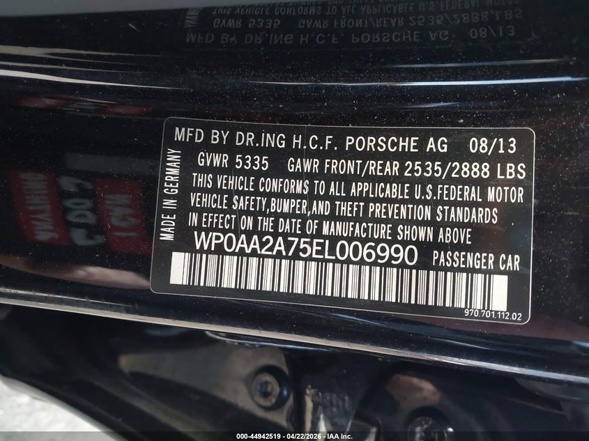 2014 Porsche Panamera 4 VIN: WP0AA2A75EL006990 Lot: 44942519