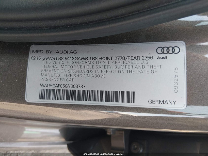 2016 Audi A6 3.0T Premium Plus VIN: WAUHGAFC5GN008787 Lot: 44942549