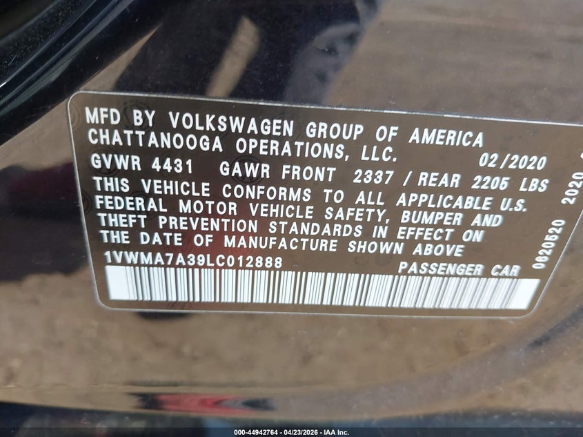 2020 Volkswagen Passat 2.0T R-Line VIN: 1VWMA7A39LC012888 Lot: 44942764