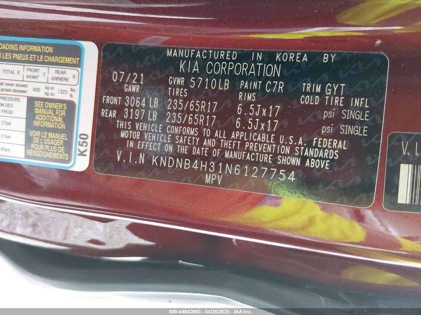 2022 Kia Carnival Mpv Lx Seat Package VIN: KNDNB4H31N6127754 Lot: 44942950