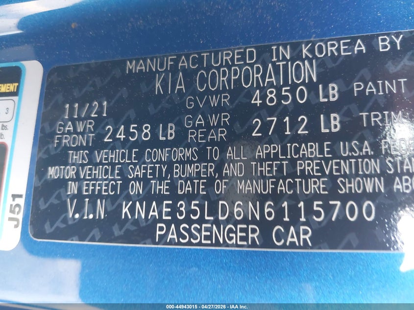 2022 Kia Stinger Gt-Line VIN: KNAE35LD6N6115700 Lot: 44943015