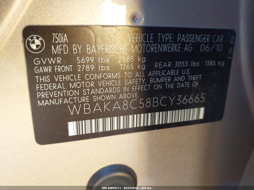 2011 BMW 750I VIN: WBAKA8C58BCY36665 Lot: 44943111