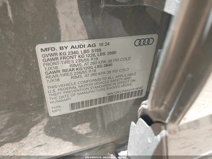 2025 Audi Q3 Premium 45 Tfsi S Line Quattro Tiptronic VIN: WA1DECF3XS1014047 Lot: 44943114