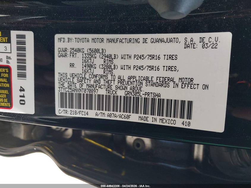 VIN 3TYCZ5ANXNT070897 2022 TOYOTA TACOMA SR5 V6