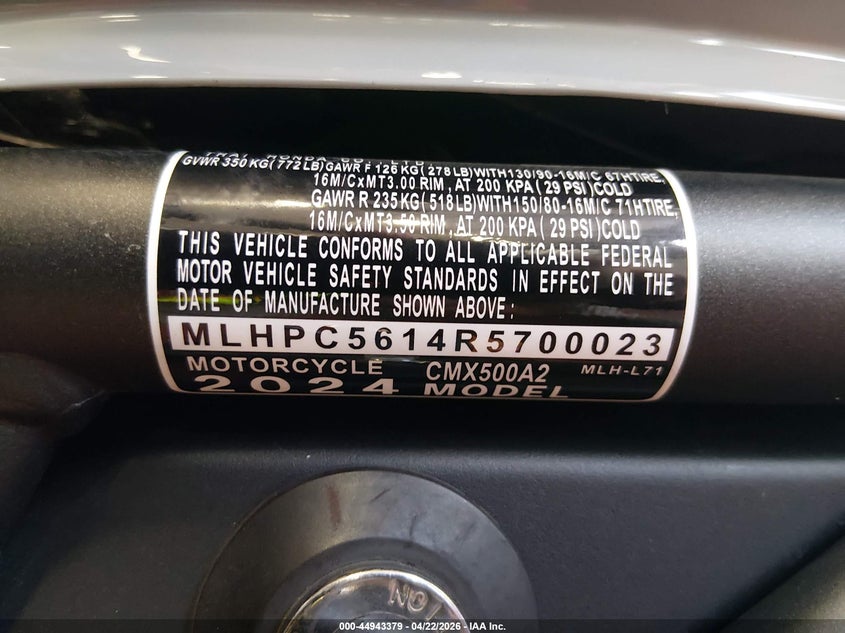 2024 Honda Cmx500 A2 VIN: MLHPC5614R5700023 Lot: 44943379