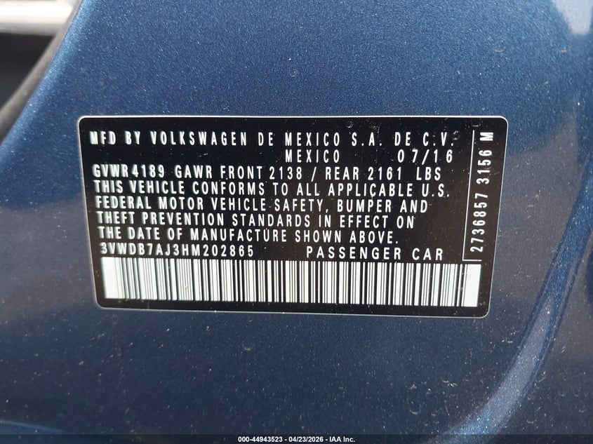 2017 Volkswagen Jetta 1.4T Se VIN: 3VWDB7AJ3HM202865 Lot: 44943523