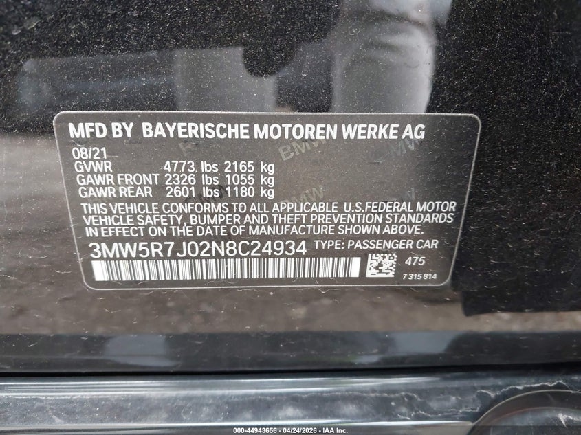 2022 BMW 330I xDrive VIN: 3MW5R7J02N8C24934 Lot: 44943656