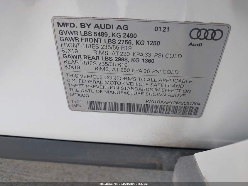 2021 Audi Q5 Premium Plus 45 Tfsi Quattro S Tronic VIN: WA1BAAFY2M2051304 Lot: 44943706