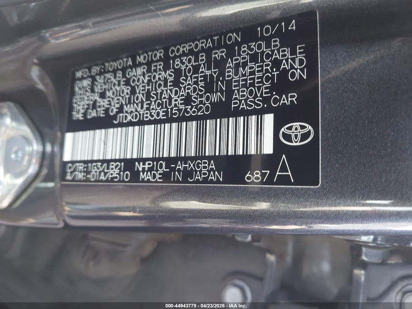 2014 Toyota Prius C Four VIN: JTDKDTB30E1573620 Lot: 44943779