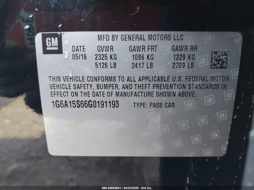 2016 Cadillac Cts-V VIN: 1G6A15S66G0191193 Lot: 44943841