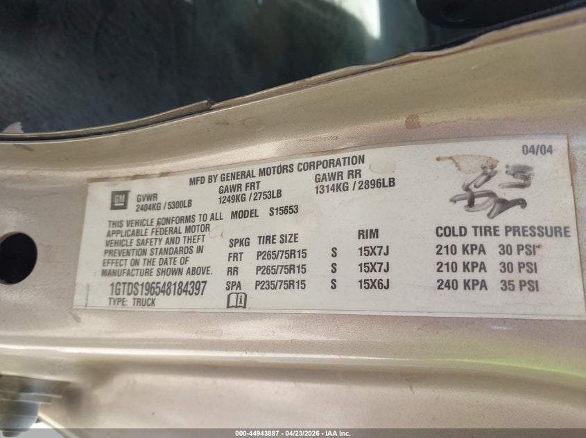 2004 GMC Canyon Sle VIN: 1GTDS196548184397 Lot: 44943887