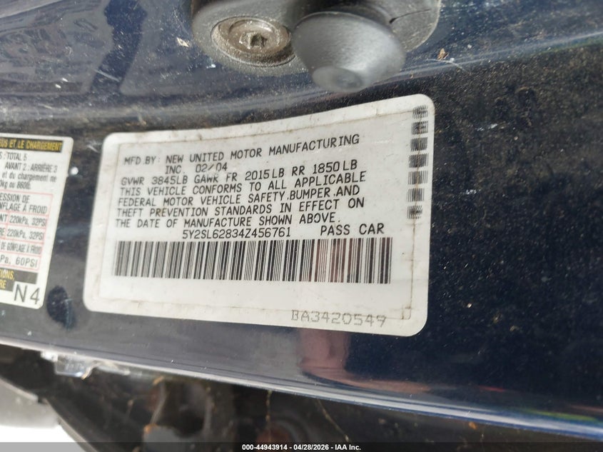2004 Pontiac Vibe VIN: 5Y2SL62834Z456761 Lot: 44943914