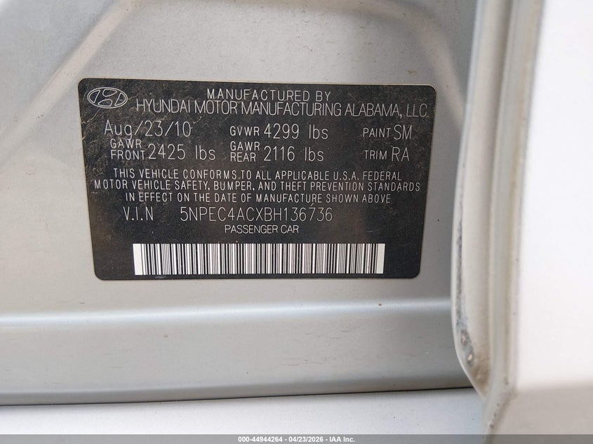 2011 Hyundai Sonata 2.4 Limited Silver Lot 111044944264 Vin 5NPEC4ACXBH136736