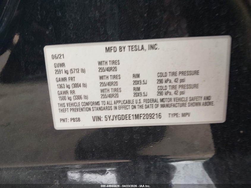 2021 Tesla Model Y Long Range Dual Motor All-Wheel Drive VIN: 5YJYGDEE1MF209216 Lot: 44944426