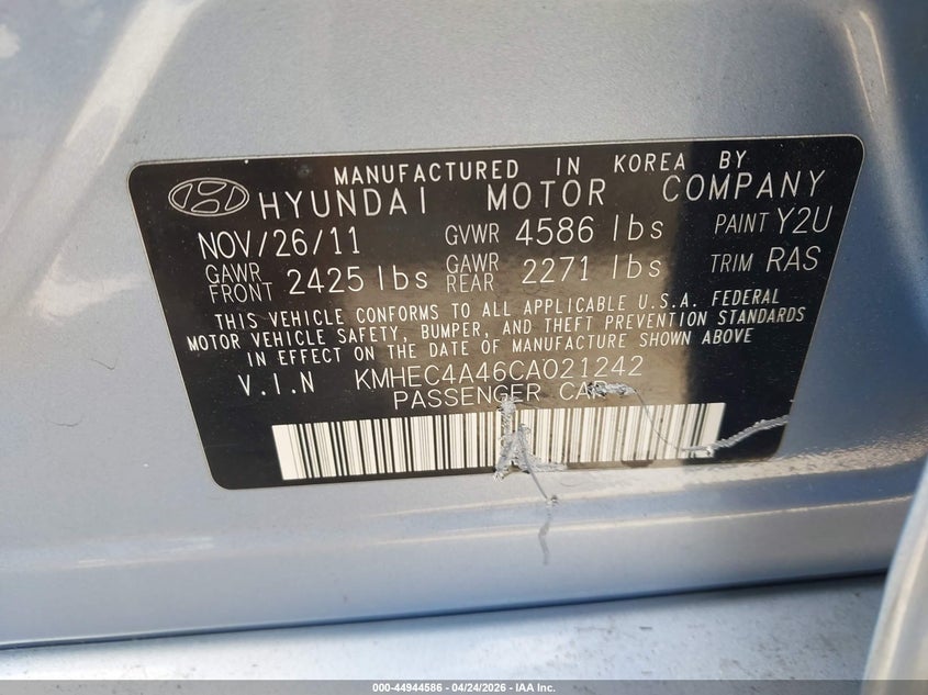 2012 Hyundai Sonata 2.4 Hybrid blue Lot 111044944586 Vin KMHEC4A46CA021242