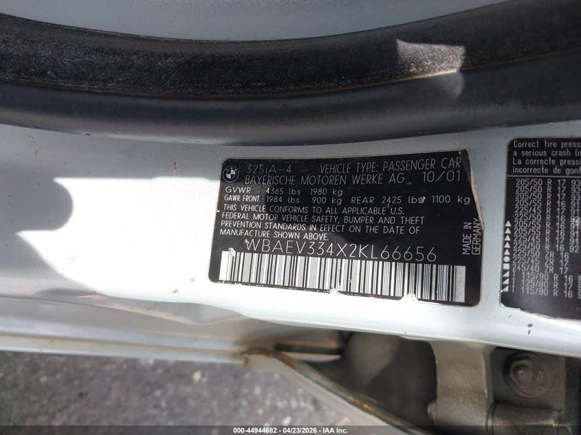 2002 BMW 325I VIN: WBAEV334X2KL66656 Lot: 44944682