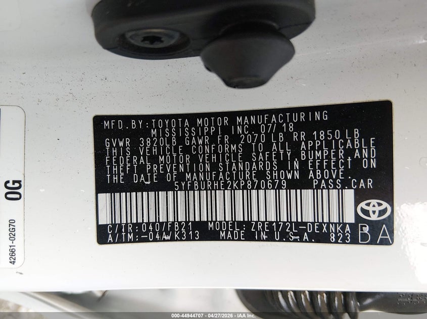 2019 TOYOTA COROLLA SEDAN 1.8L I-4 DOHC, VVT, 132HP