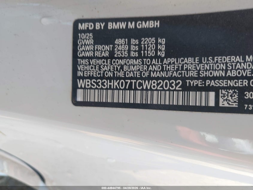 2026 BMW M4 Competition xDrive VIN: WBS33HK07TCW82032 Lot: 44944795