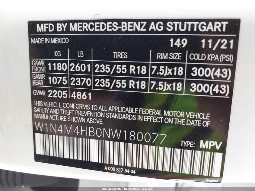 2022 Mercedes-Benz Glb 250 4Matic VIN: W1N4M4HB0NW180077 Lot: 44944797