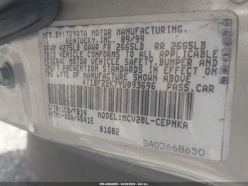 2000 TOYOTA CAMRY SEDAN 3.0L V-6 DOHC, 194HP