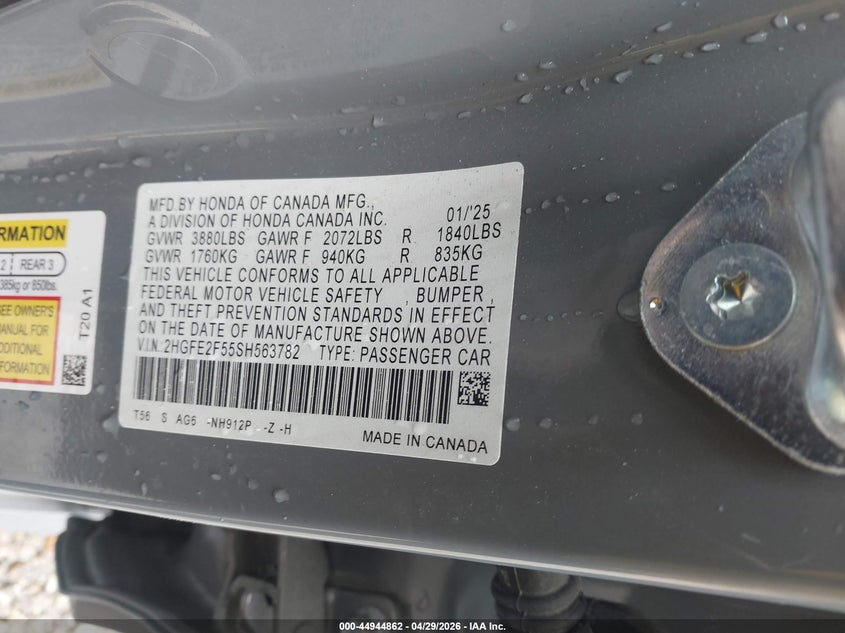 2025 HONDA CIVIC 2.0L I-4 DI, DOHC, V(VIN: 2HGFE2F55SH563782