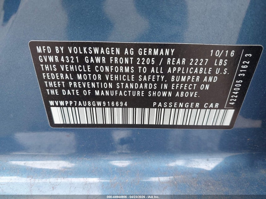 2016 Volkswagen E-Golf Sel Premium VIN: WVWPP7AU8GW916694 Lot: 44944906