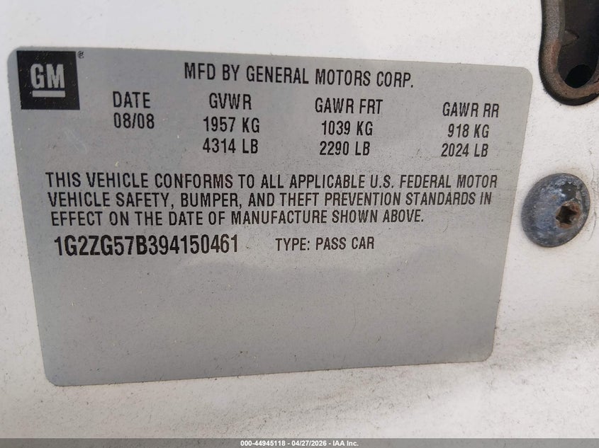 2009 Pontiac G6 VIN: 1G2ZG57B394150461 Lot: 44945118