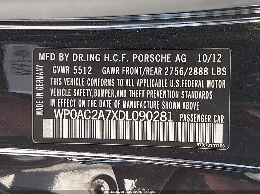 2013 Porsche Panamera Turbo VIN: WP0AC2A7XDL090281 Lot: 44945208